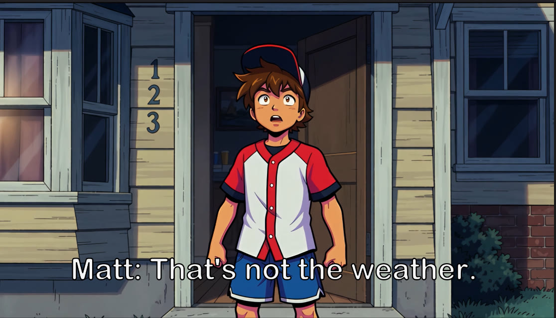 Cutscene frame: Matt on his porch with the subtitle 'That's not the weather.'