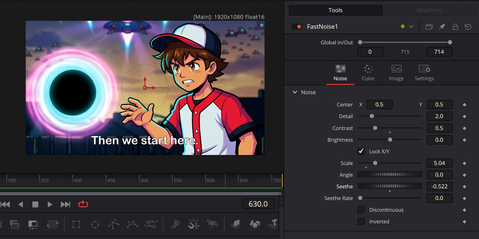DaVinci Resolve editing view: a cutscene shot with the subtitle 'Then we start here.' and effect controls
