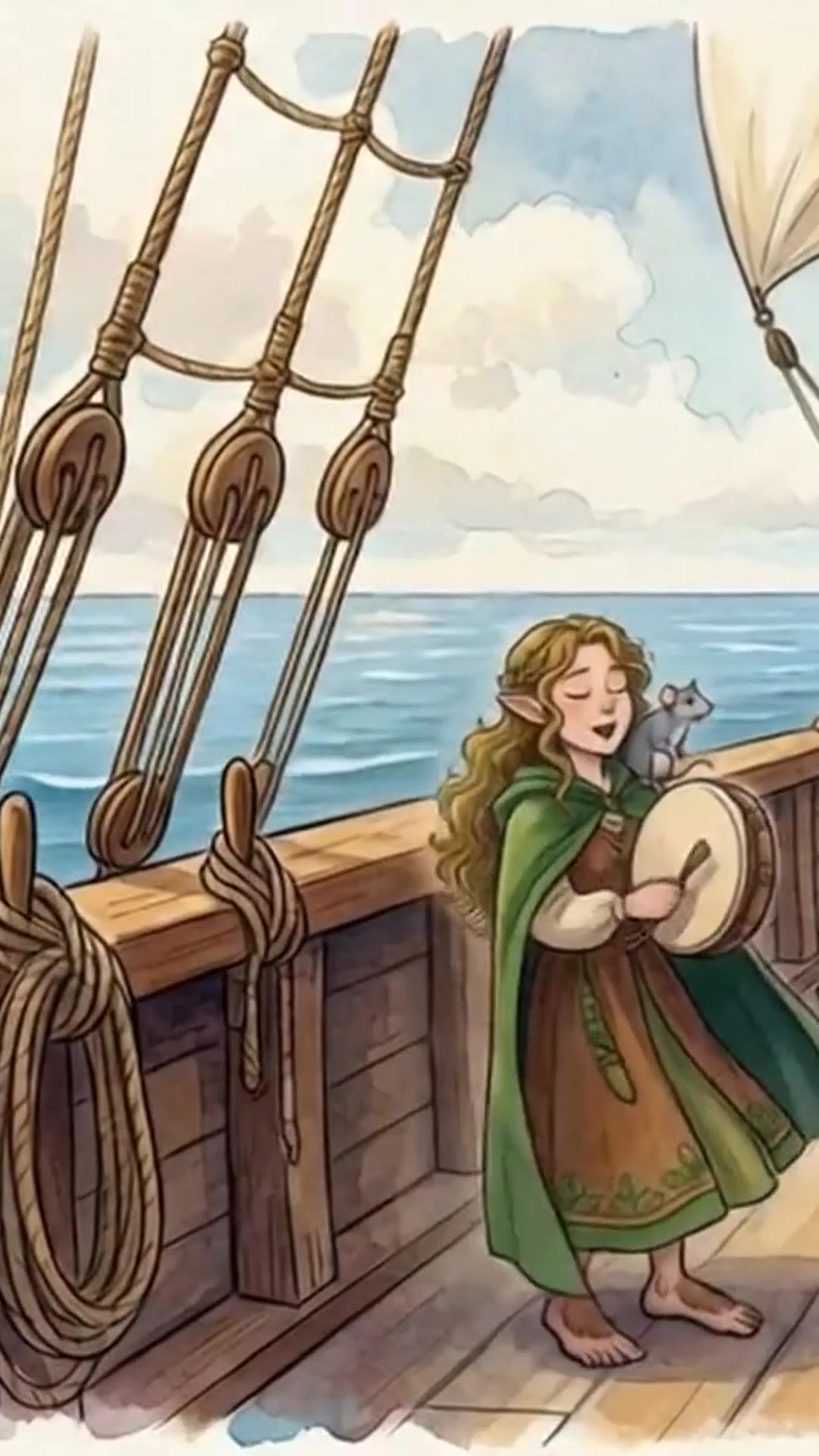 Vertical short: Lily on a ship's deck with a tambourine