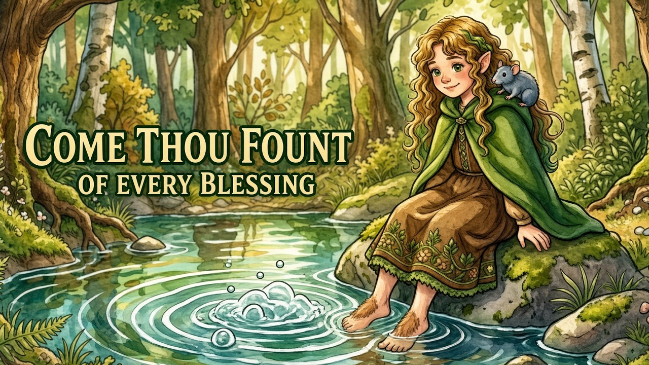 Hymn thumbnail: Come, Thou Fount of Every Blessing, Lily by a forest stream